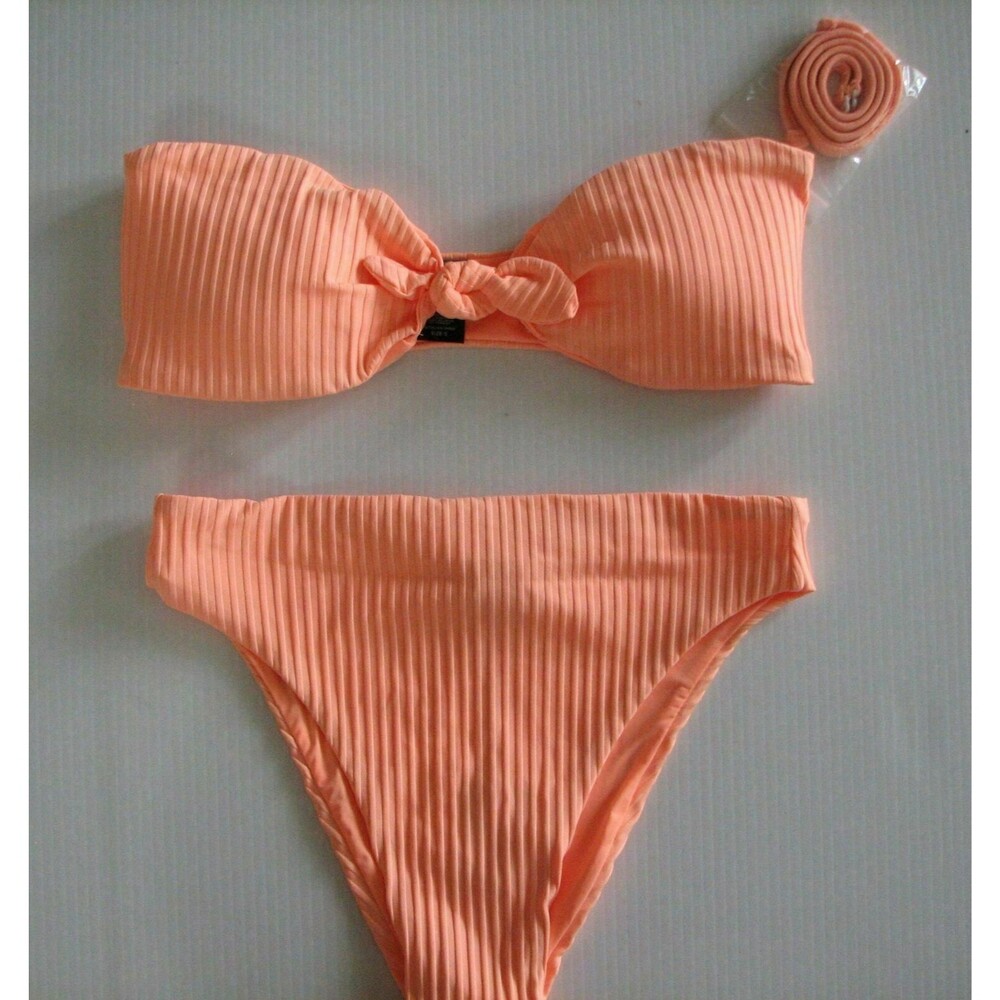 Dolce Vita Swimsuit Mango Day Glo Ribbed High Waist Bandeau Bikini S XS